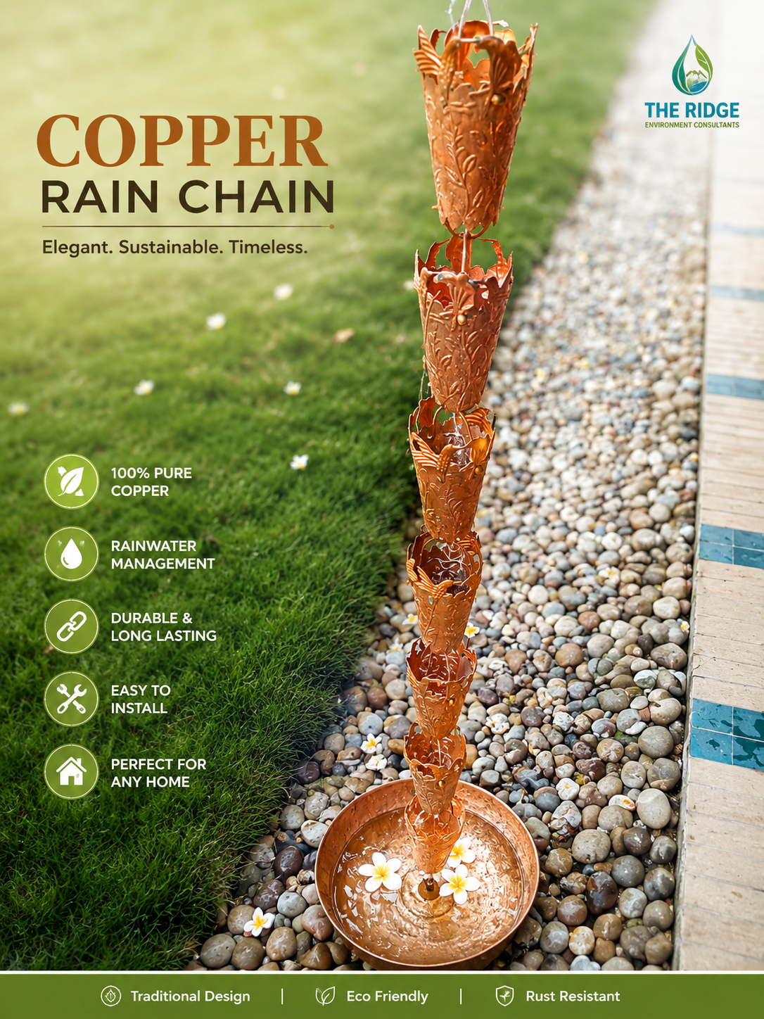 Ridge Scallop Cups Rain Chain – Alternative for Plastic Rainwater Down Pipe